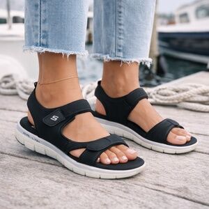 Skechers Flex Appeal 2.0 Dual Lite Black Summer Patrol Sandals Womens Size 9